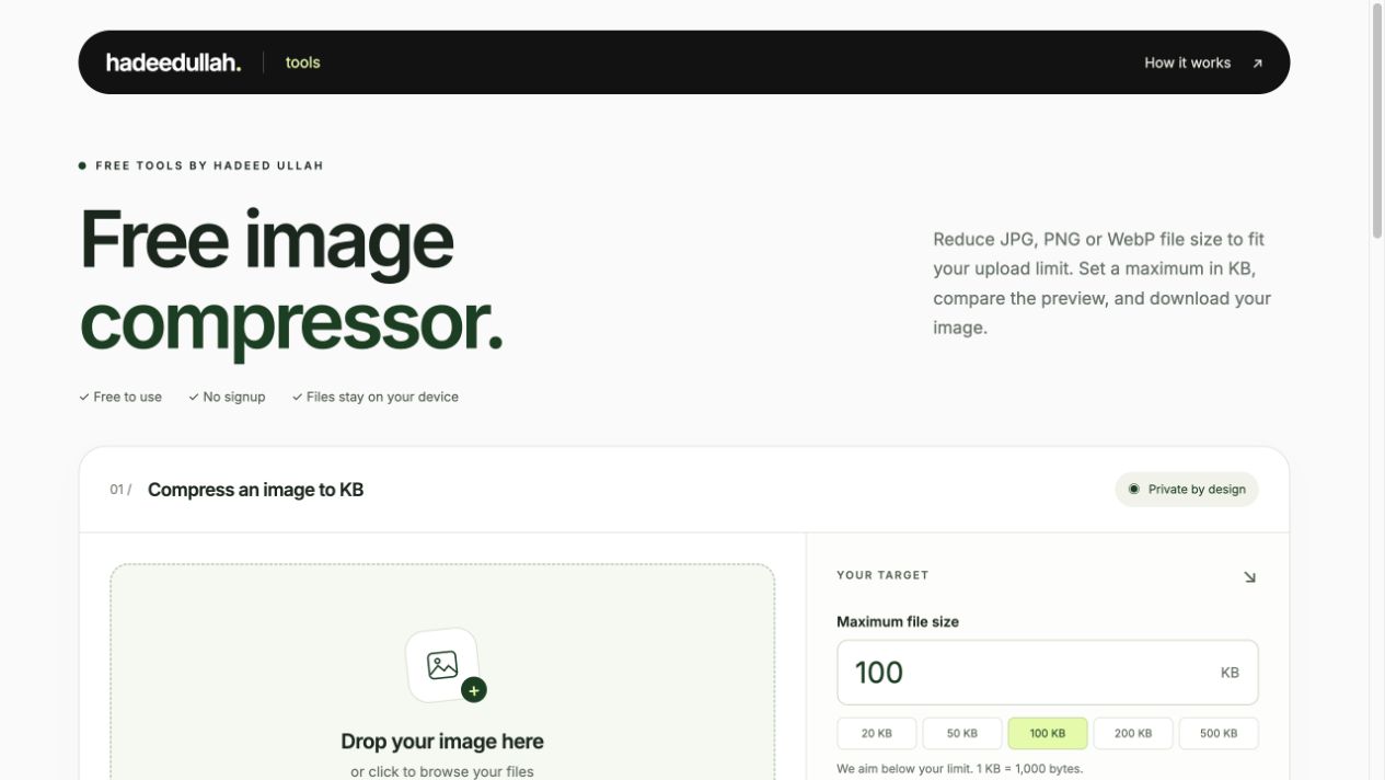 Image Compressor interface with target file size controls