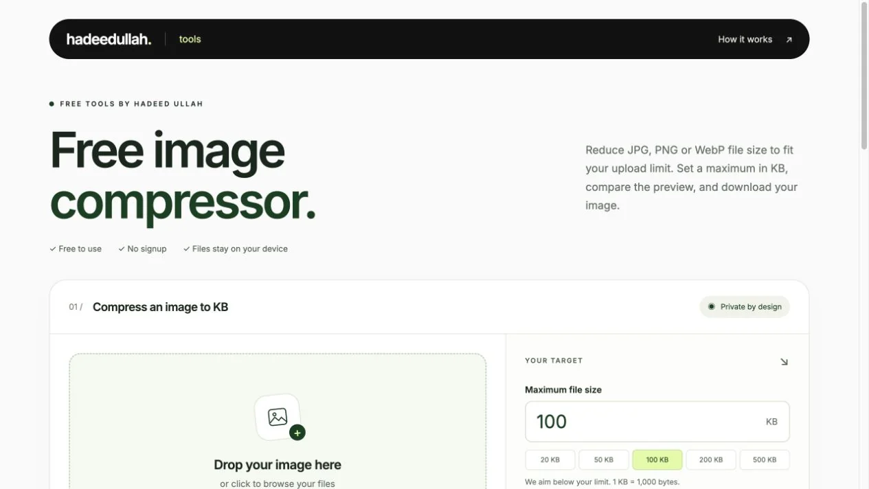Image Compressor interface with target file size controls
